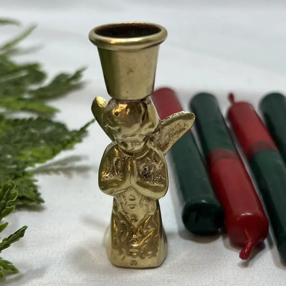 Vintage Brass 2.75” Praying Angel Christmas Candlestick Holder + 5 Candle Tapers